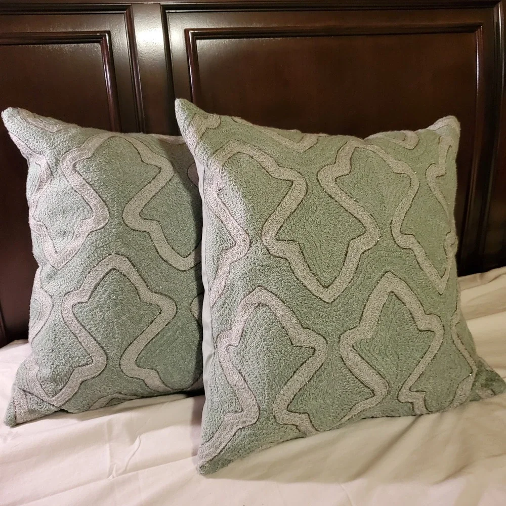 Pottery Barn Sage Green Beaded Embroidered 2 Throw Pillows Down Fill 20x20